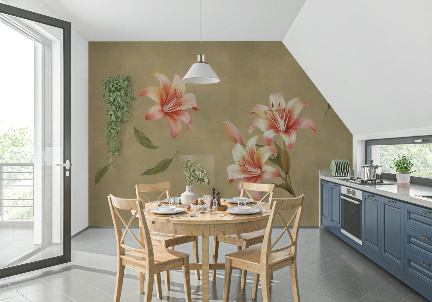 Artistic Lily Whisper wall mural with floral sketches in a corridor.