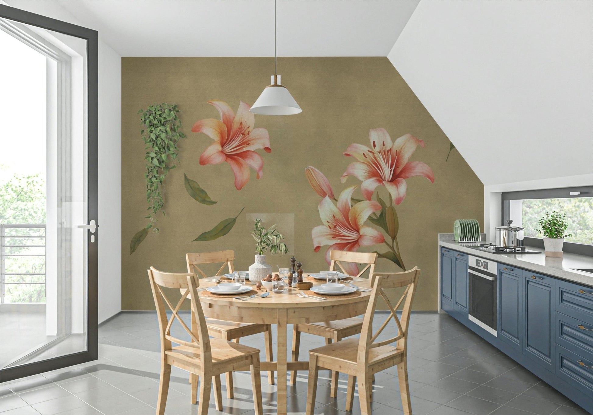 Artistic Lily Whisper wall mural with floral sketches in a corridor.