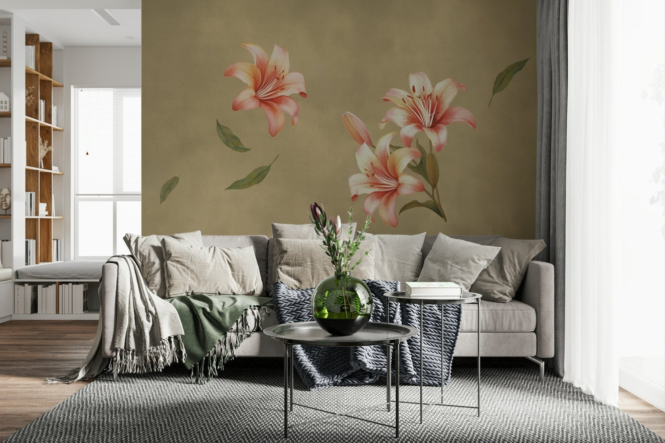 Lily Whisper wall mural with soft floral patterns in a master bedroom.