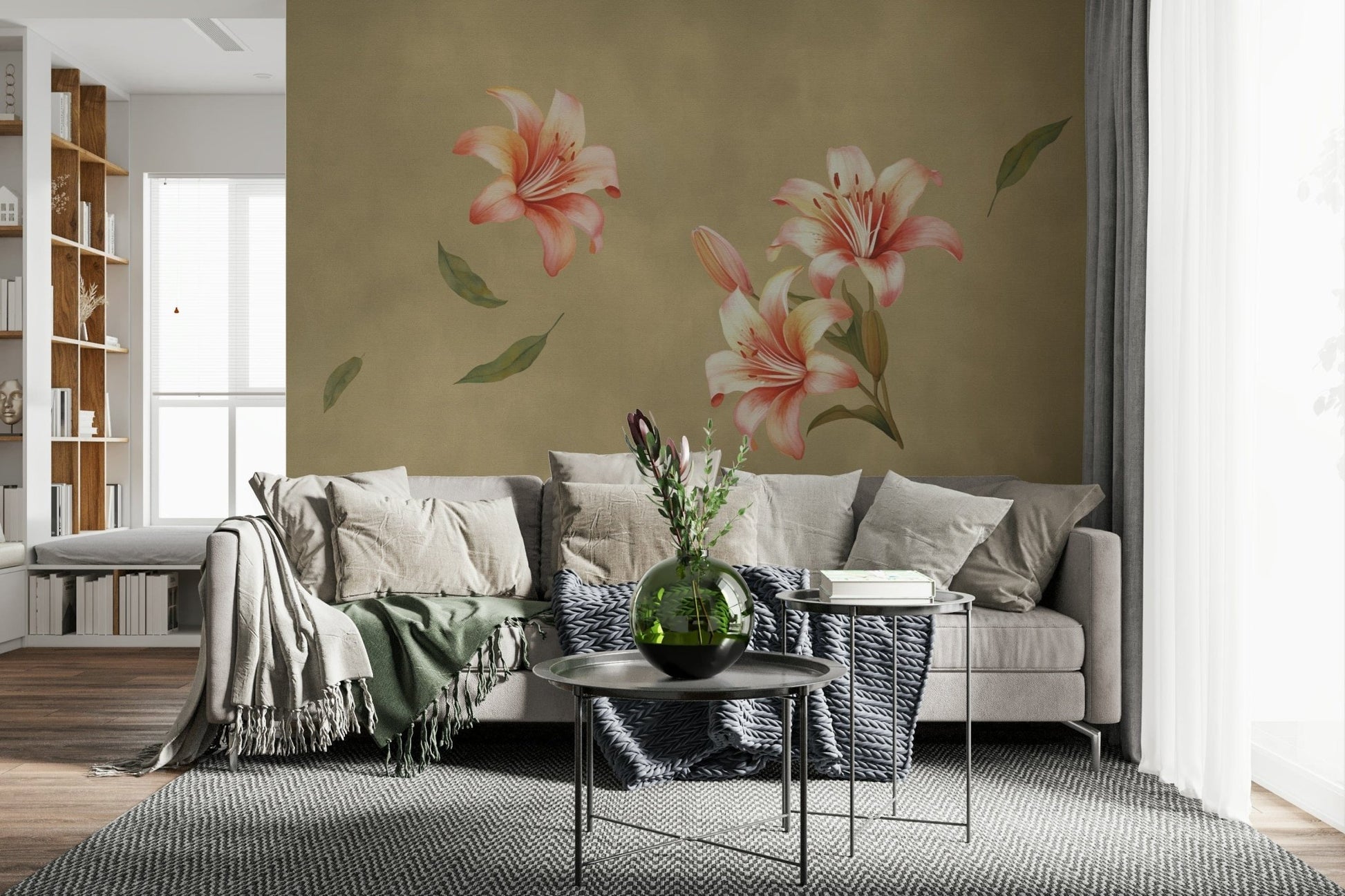 Lily Whisper wall mural with soft floral patterns in a master bedroom.