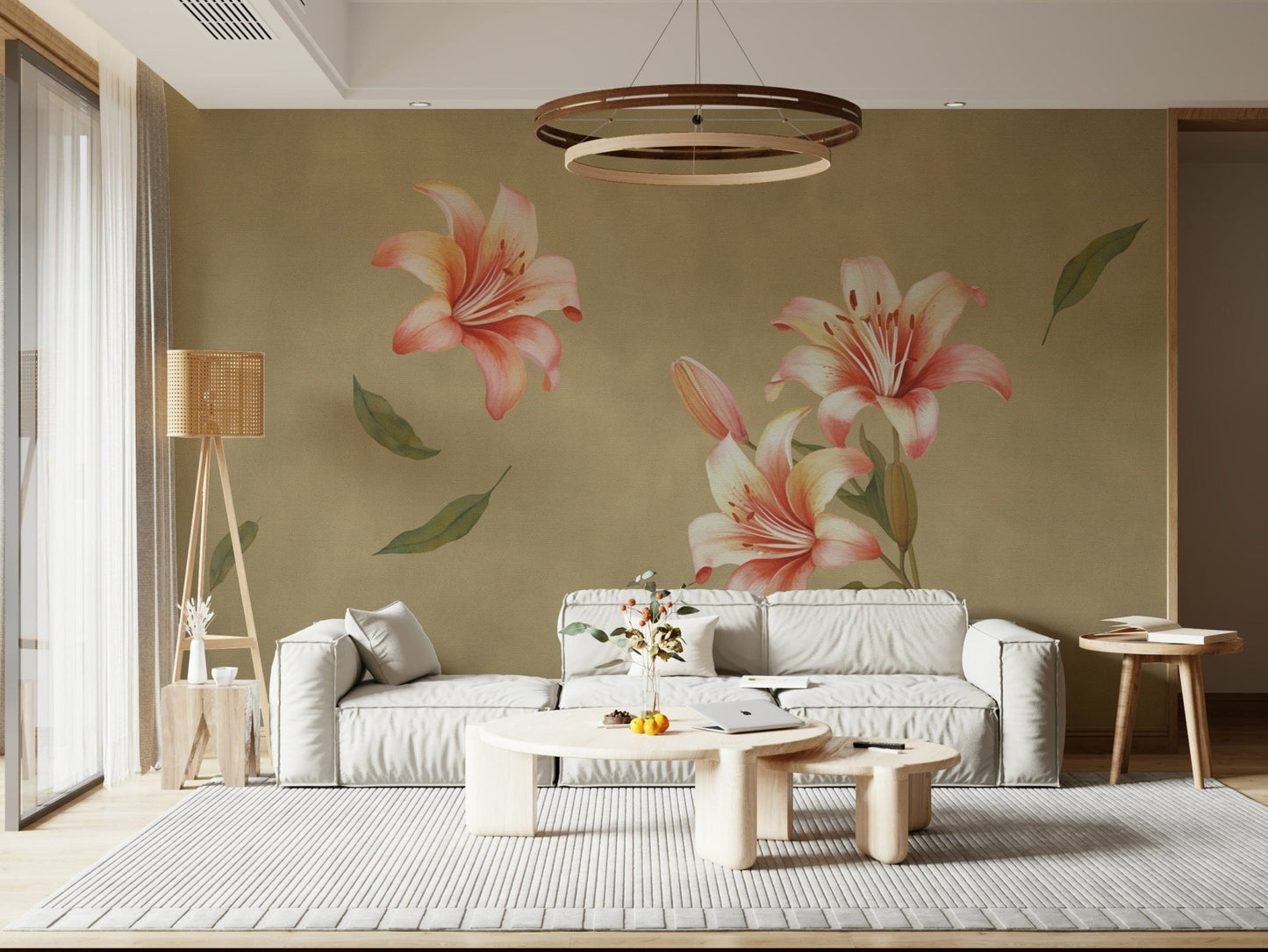Lily Whisper wall mural with pastel tones in a minimalist lounge.