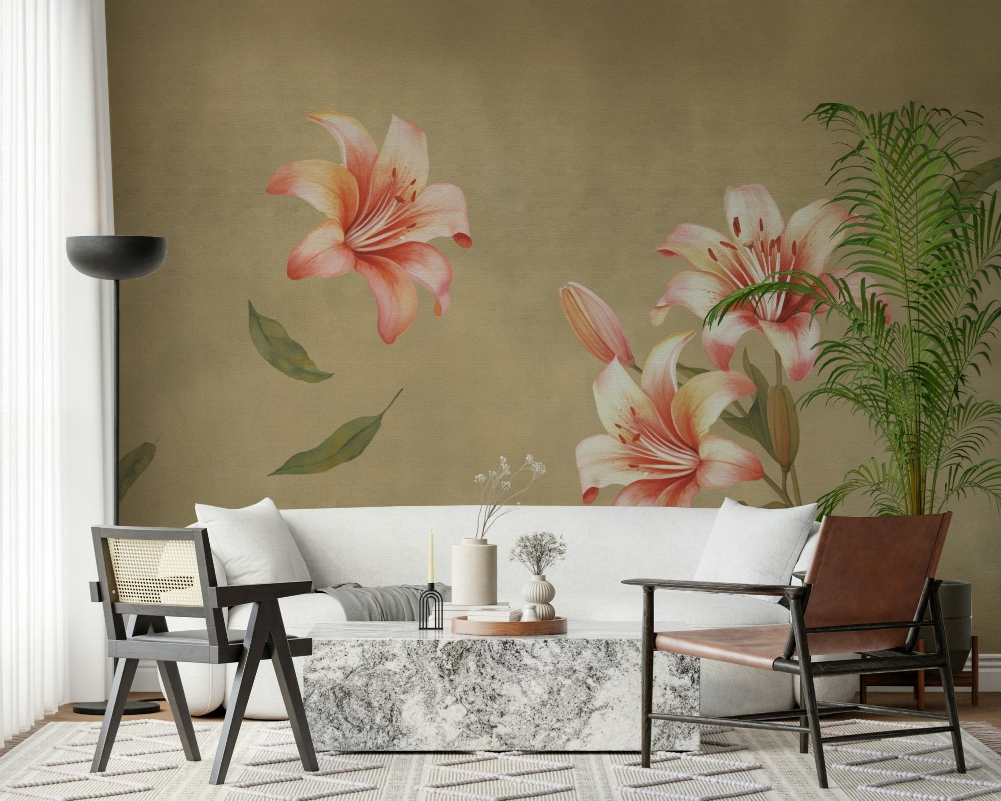 Large Lily Whisper wall mural in a contemporary dining hall., GD7601