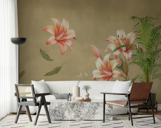 Large Lily Whisper wall mural in a contemporary dining hall., GD7601