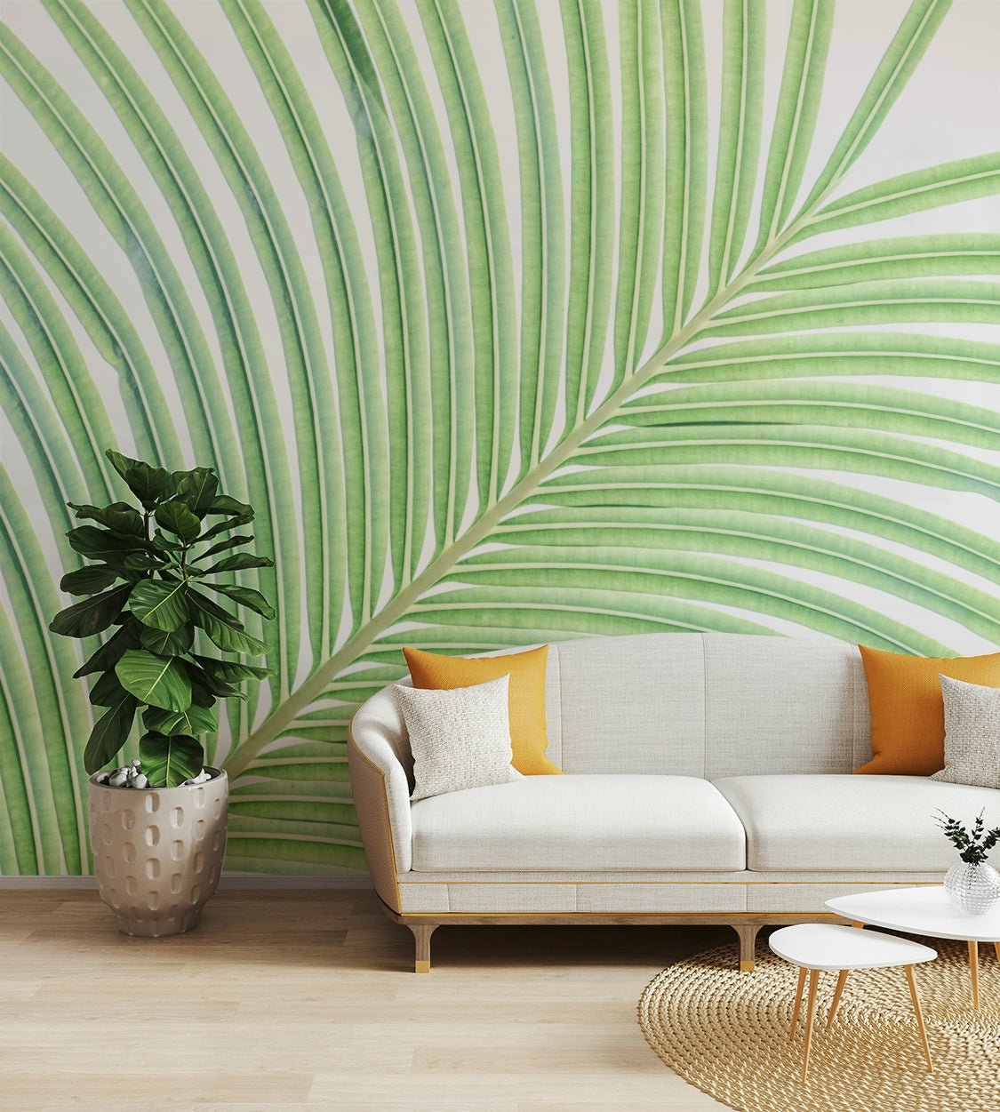 A beautiful botanical wallpaper mural with lime leaves.

