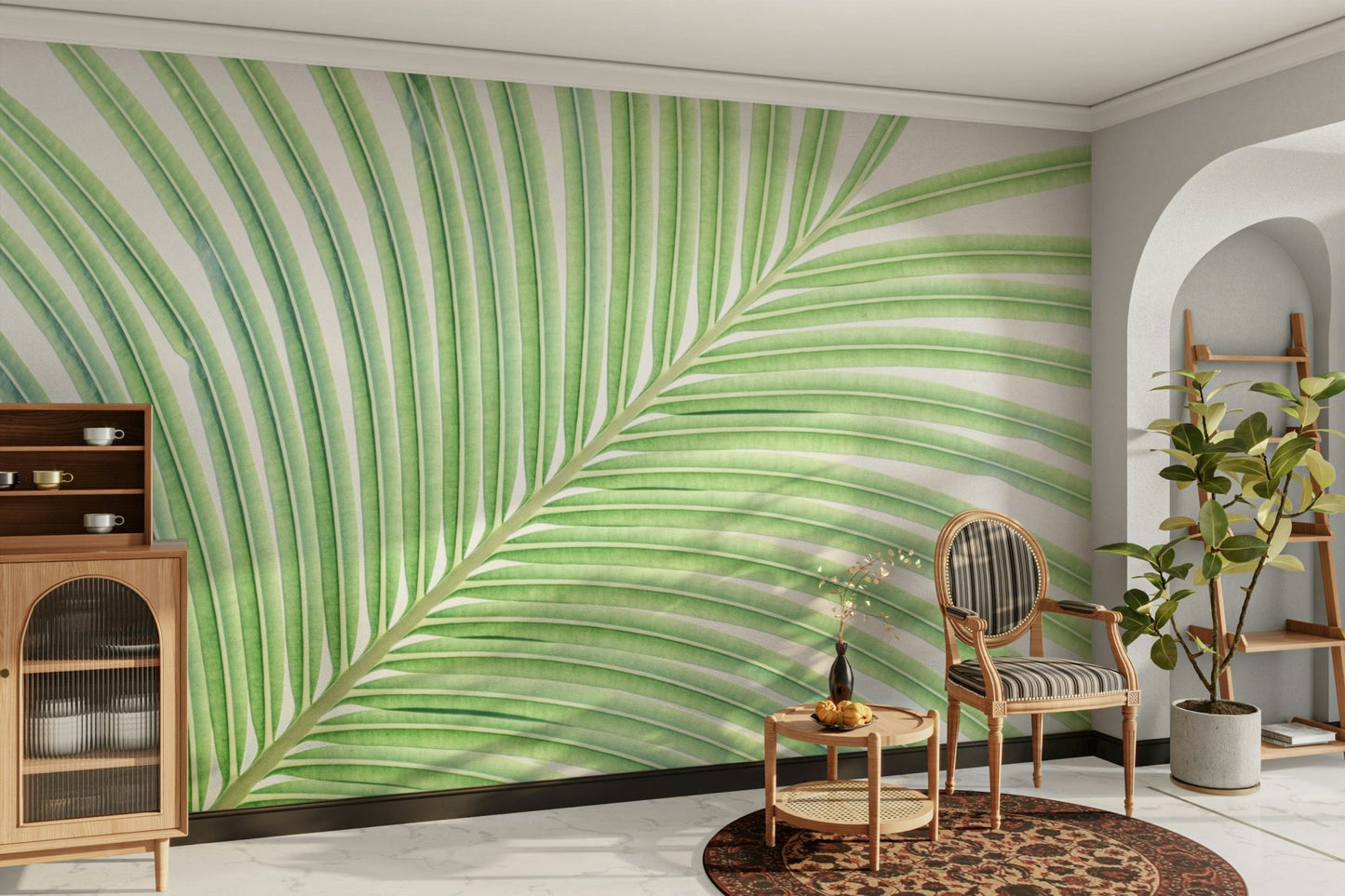 A graceful subtle leaf wall mural in soft tones.

