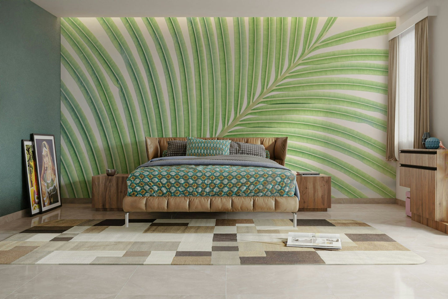 An artistic minimalist foliage mural for home decor.

