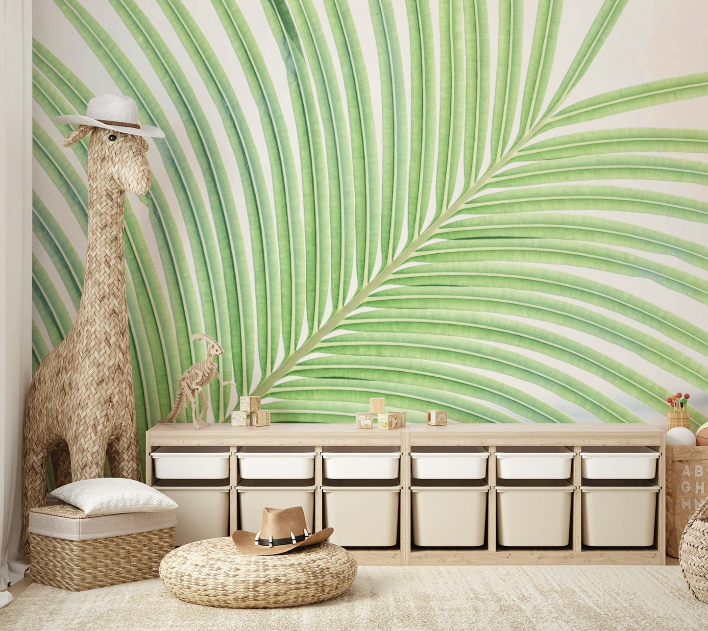 A tranquil abstract leaf mural on decorative wallpaper.

