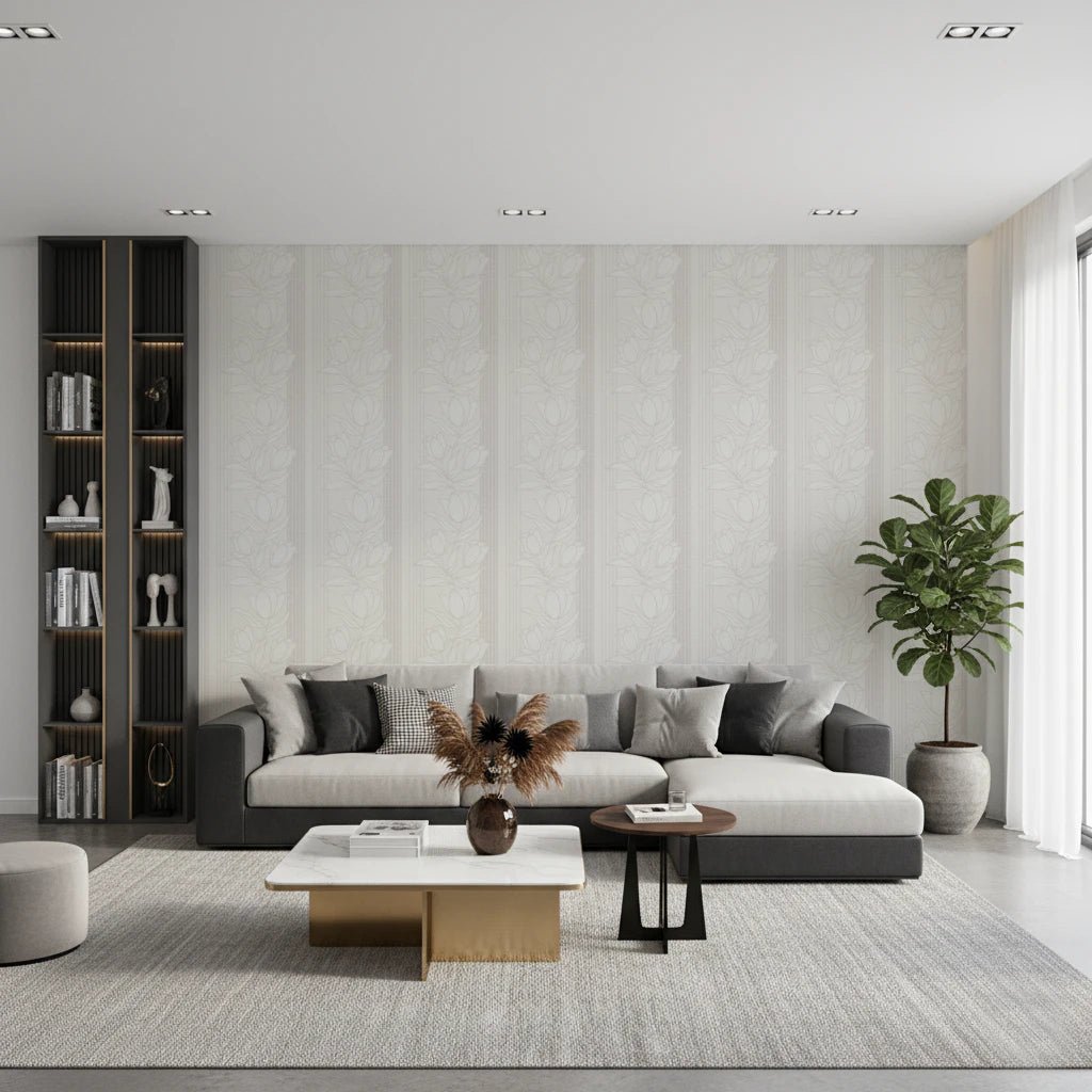 Textured off-white wall mural with delicate botanical line drawings, GD8366