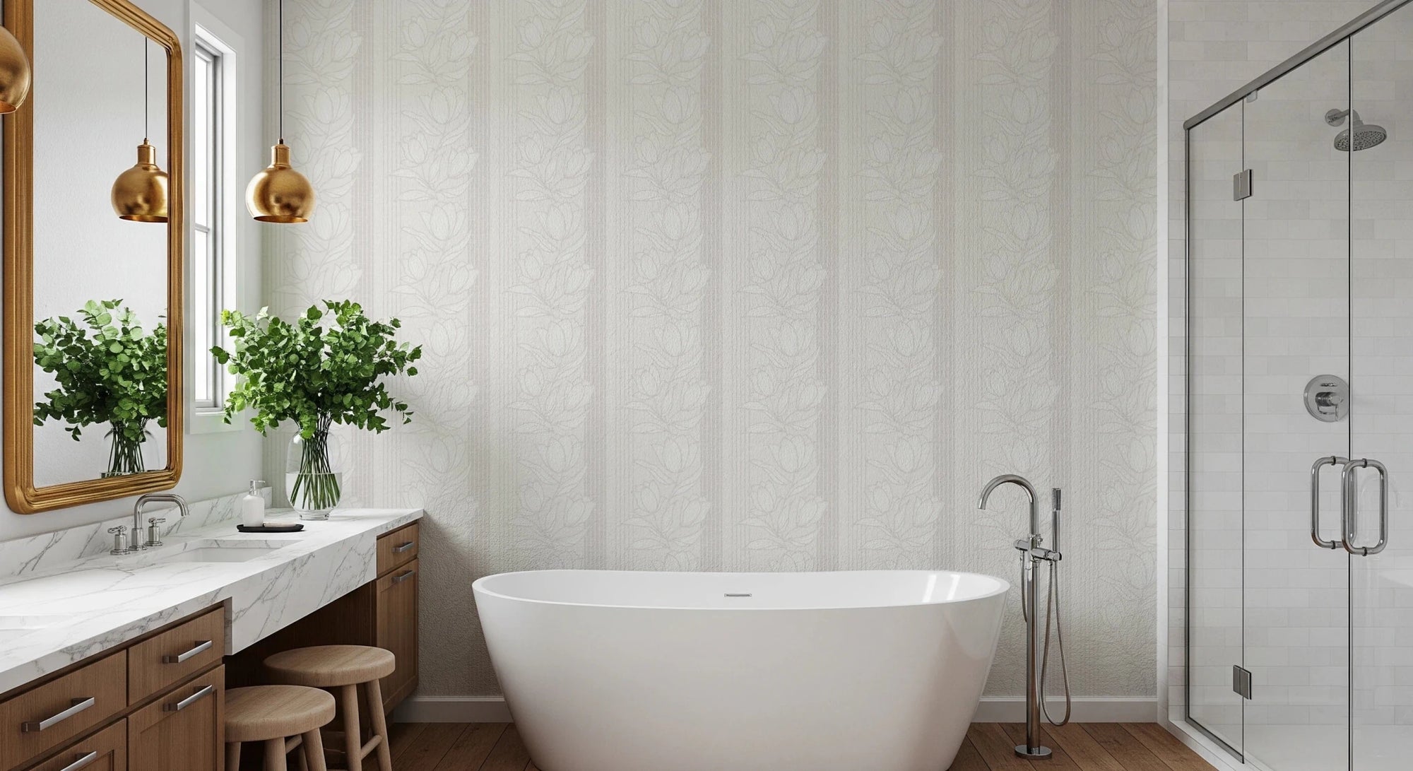 Line Art Bloom Wallpaper with minimalist white tulips for bedroom walls, GD8366