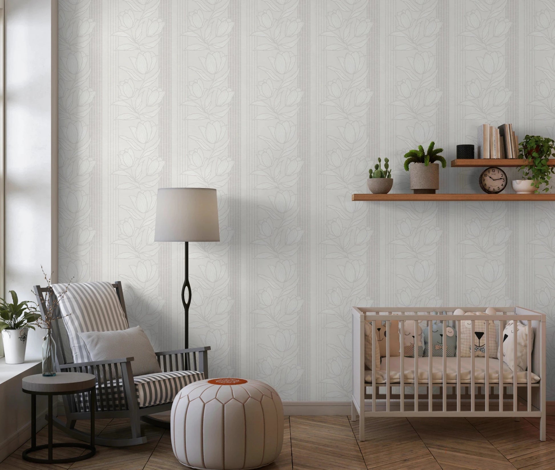 Line Art Bloom Wallpaper with vertical grey stripes and floral sketches, GD8366