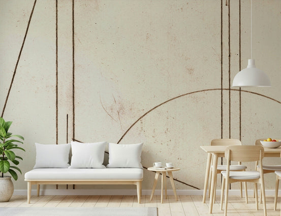Spare sepia line wall mural in a calm and minimal dining room setting., GD5480