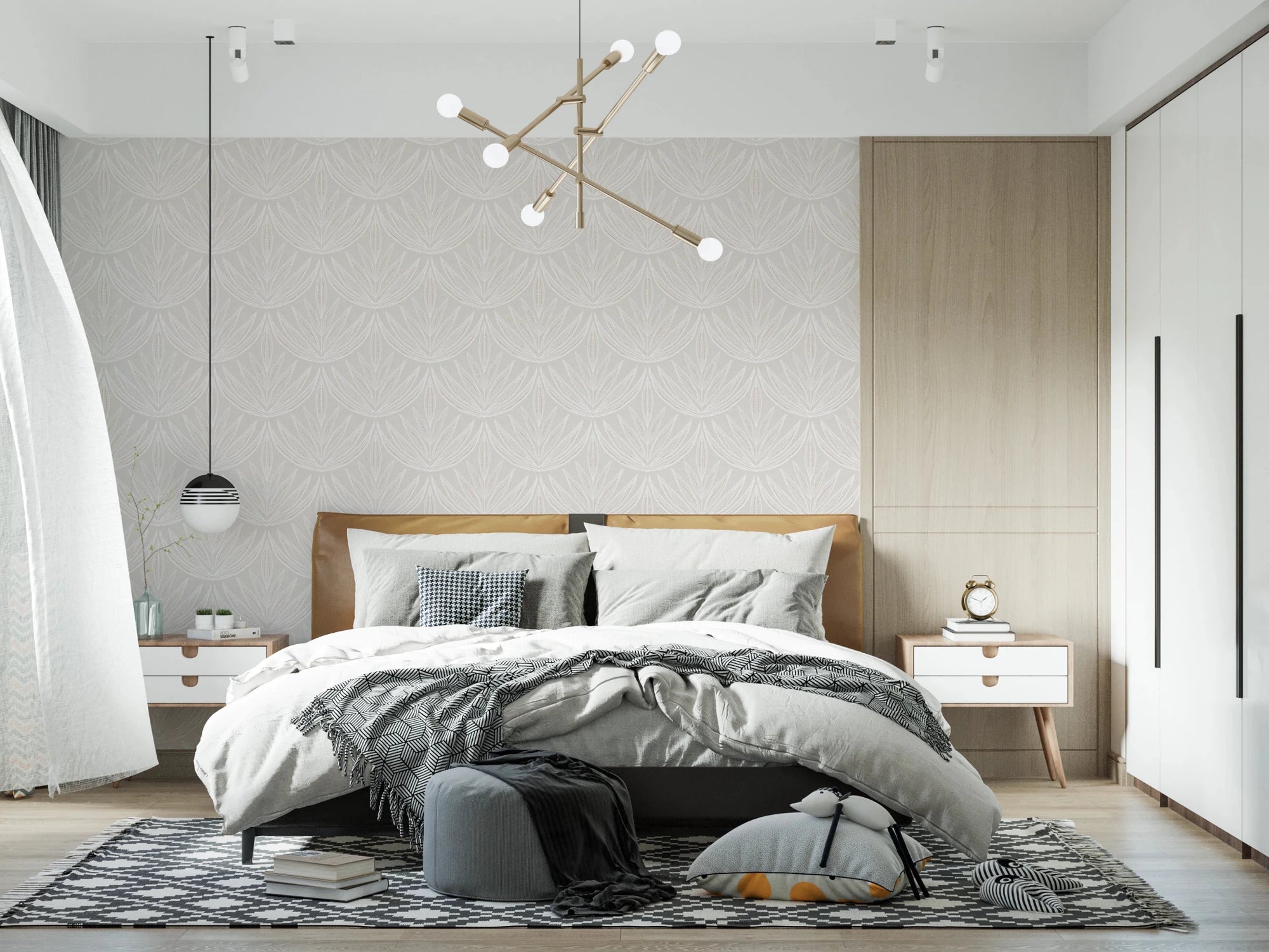 Bedroom setting where Linear Botanicals Wallpaper frames a modern bed arrangement, GD8328