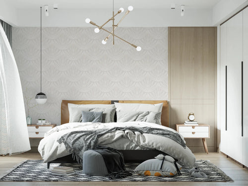 Bedroom setting where Linear Botanicals Wallpaper frames a modern bed arrangement, GD8328