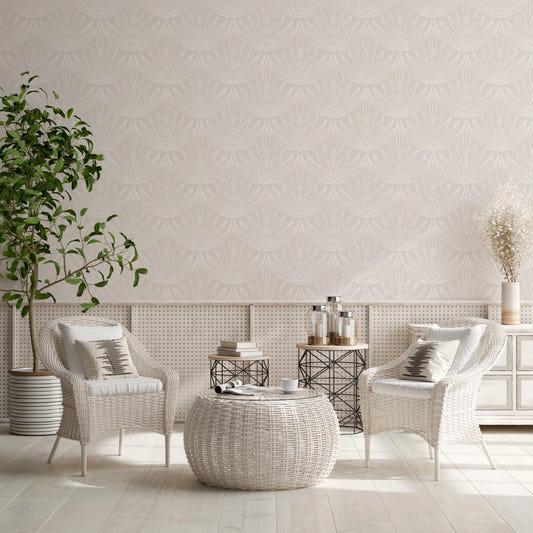 Living room with Linear Botanicals Wallpaper behind woven chairs and textured table