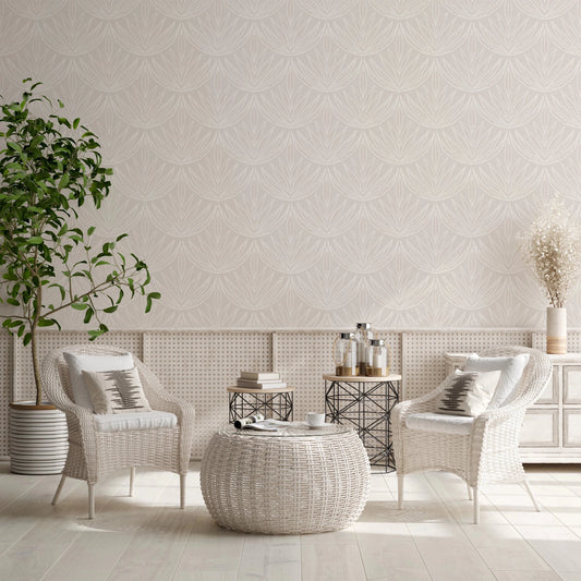 Living room with Linear Botanicals Wallpaper behind woven chairs and textured table