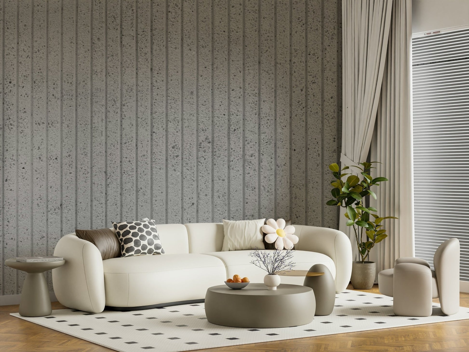 Soft gray tones of the Linear Concrete Illusion wallpaper for walls, full height., GD6121