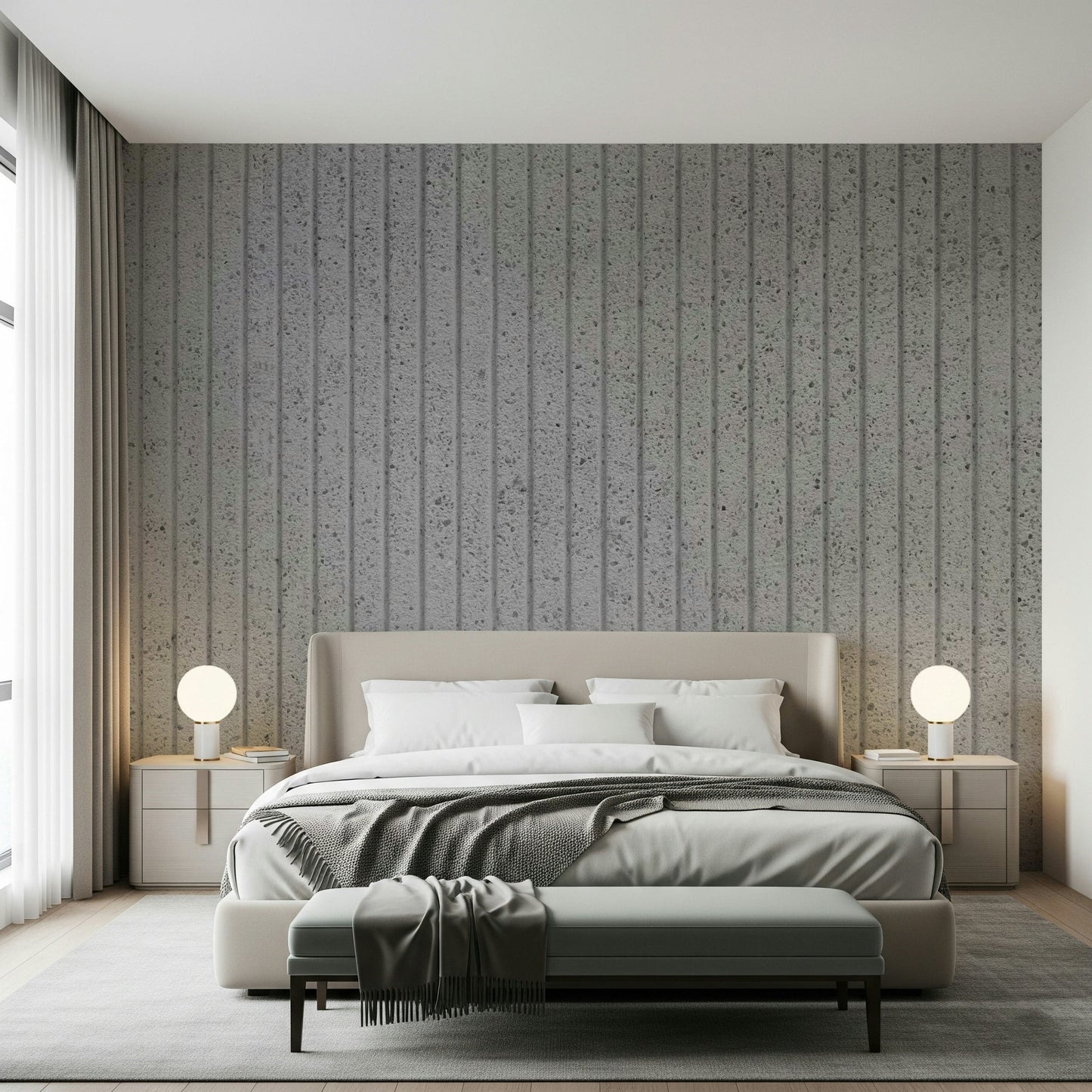 Installation image of the simple-to-use Linear Concrete Illusion peel and stick wallpaper., GD6121
