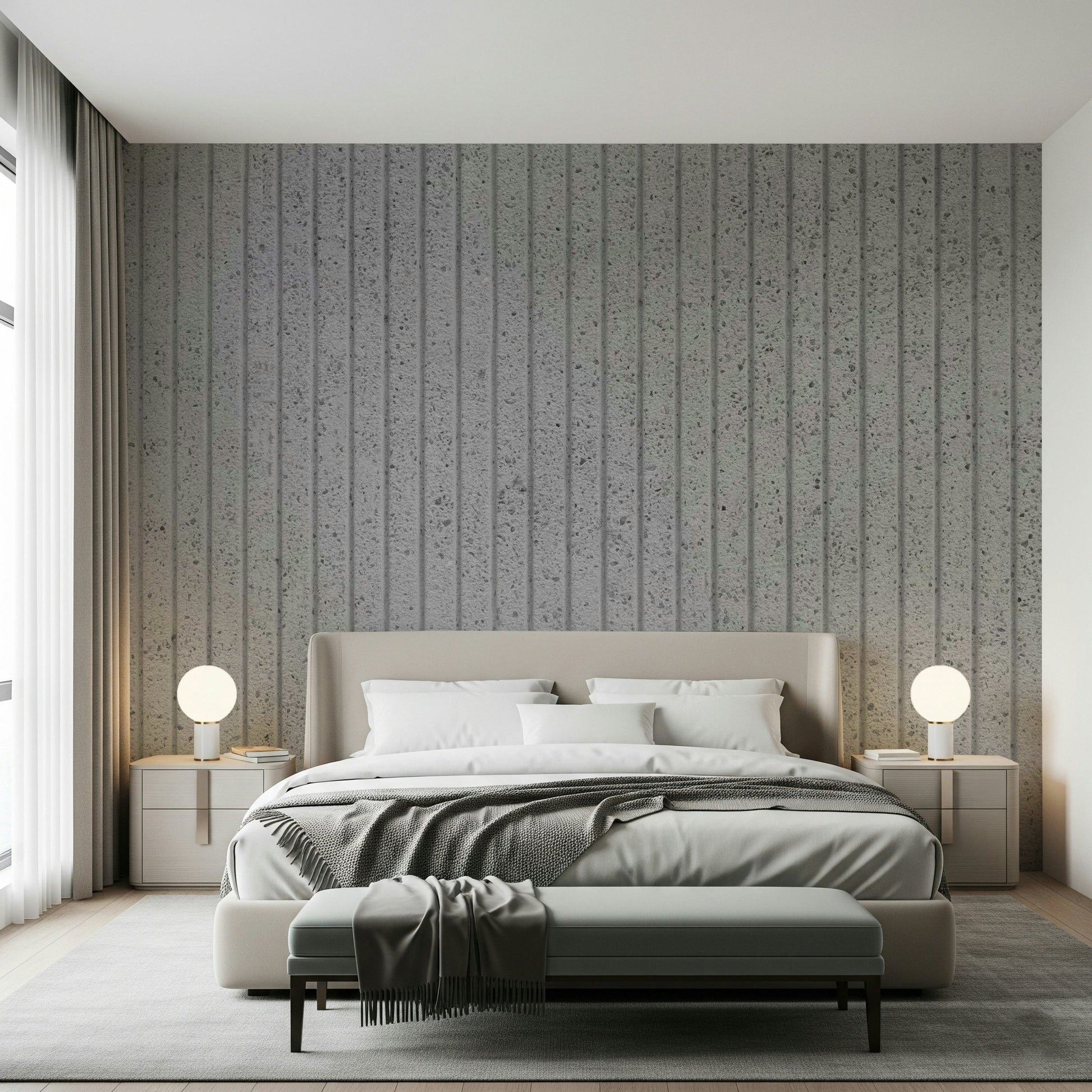 Installation image of the simple-to-use Linear Concrete Illusion peel and stick wallpaper., GD6121
