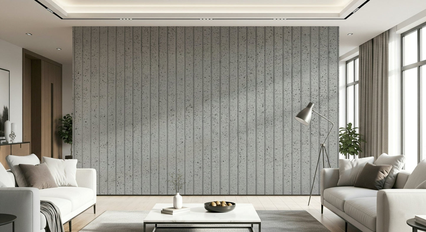 Bedroom accent wall with the chic Linear Concrete Illusion peel and stick mural., GD6121