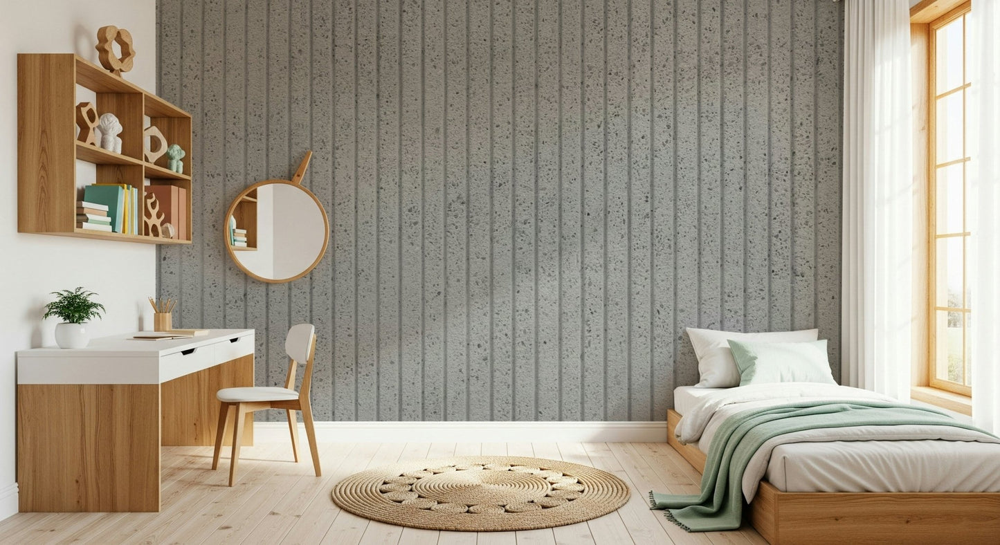 Full minimalist living room showcasing the Linear Concrete Illusion wallpaper for walls., GD6121
