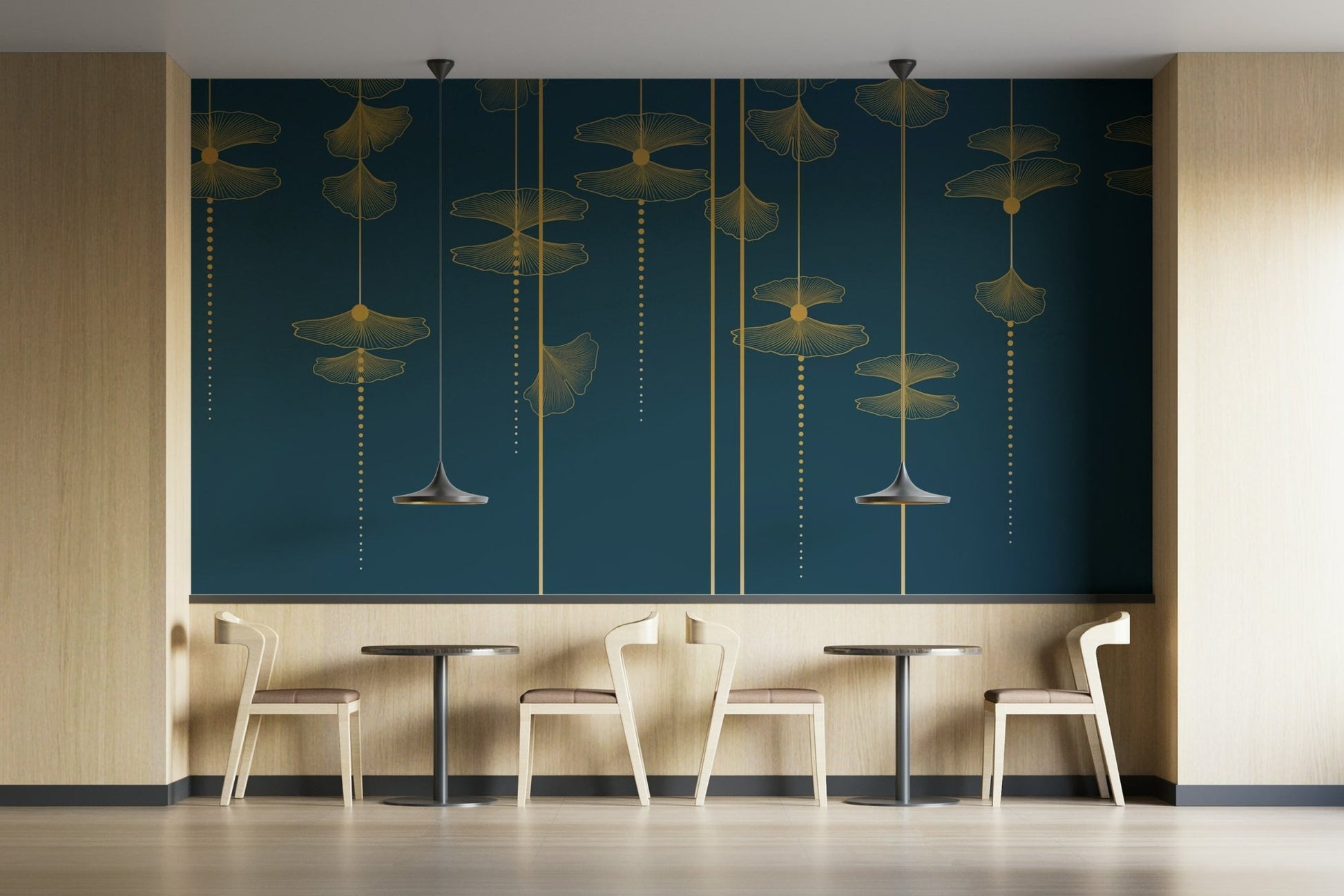 A minimalist wall mural featuring a pattern of ginkgo leaves. GD4153

