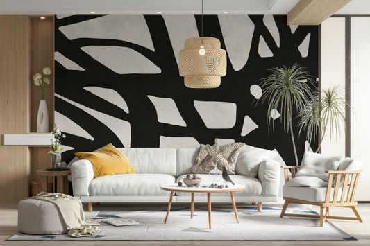 A wall mural with a geometric line pattern.

