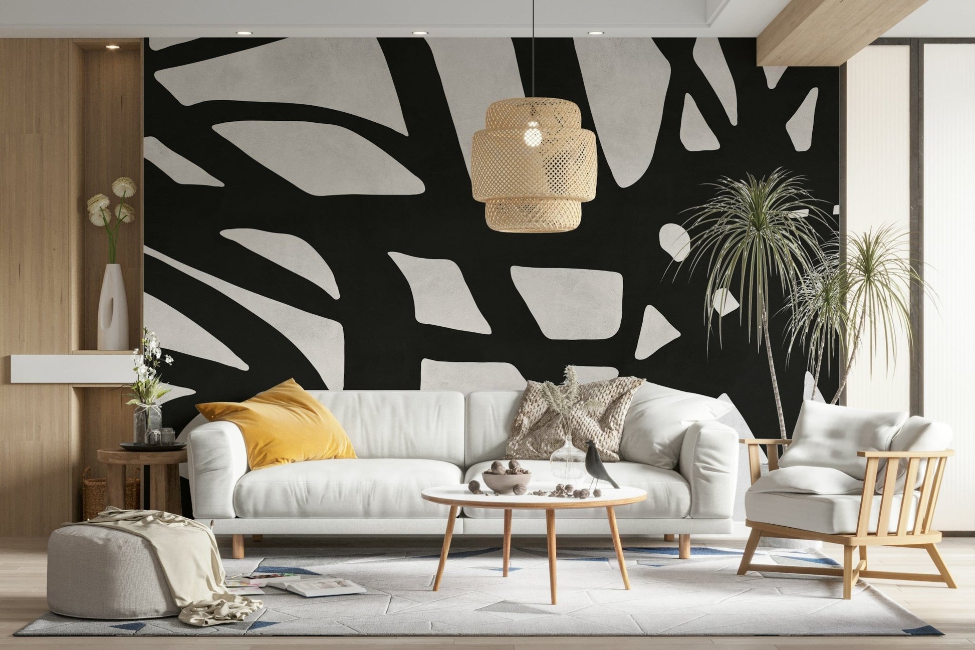A wall mural with a geometric line pattern.

