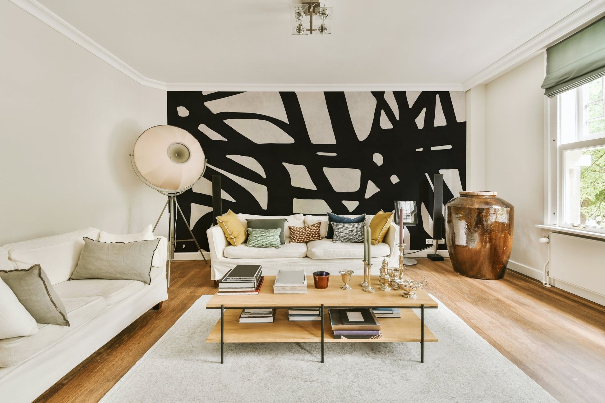 The mural is black and white.

