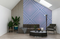 Linear Rhythm precise pattern mural, pastel blue and lilac colors.