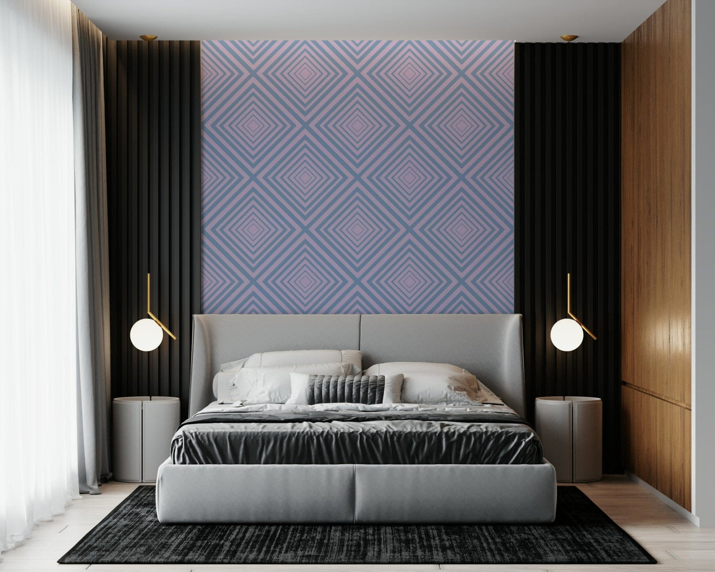 Symmetrical Rhythm bold statement wallpaper with angular shapes.