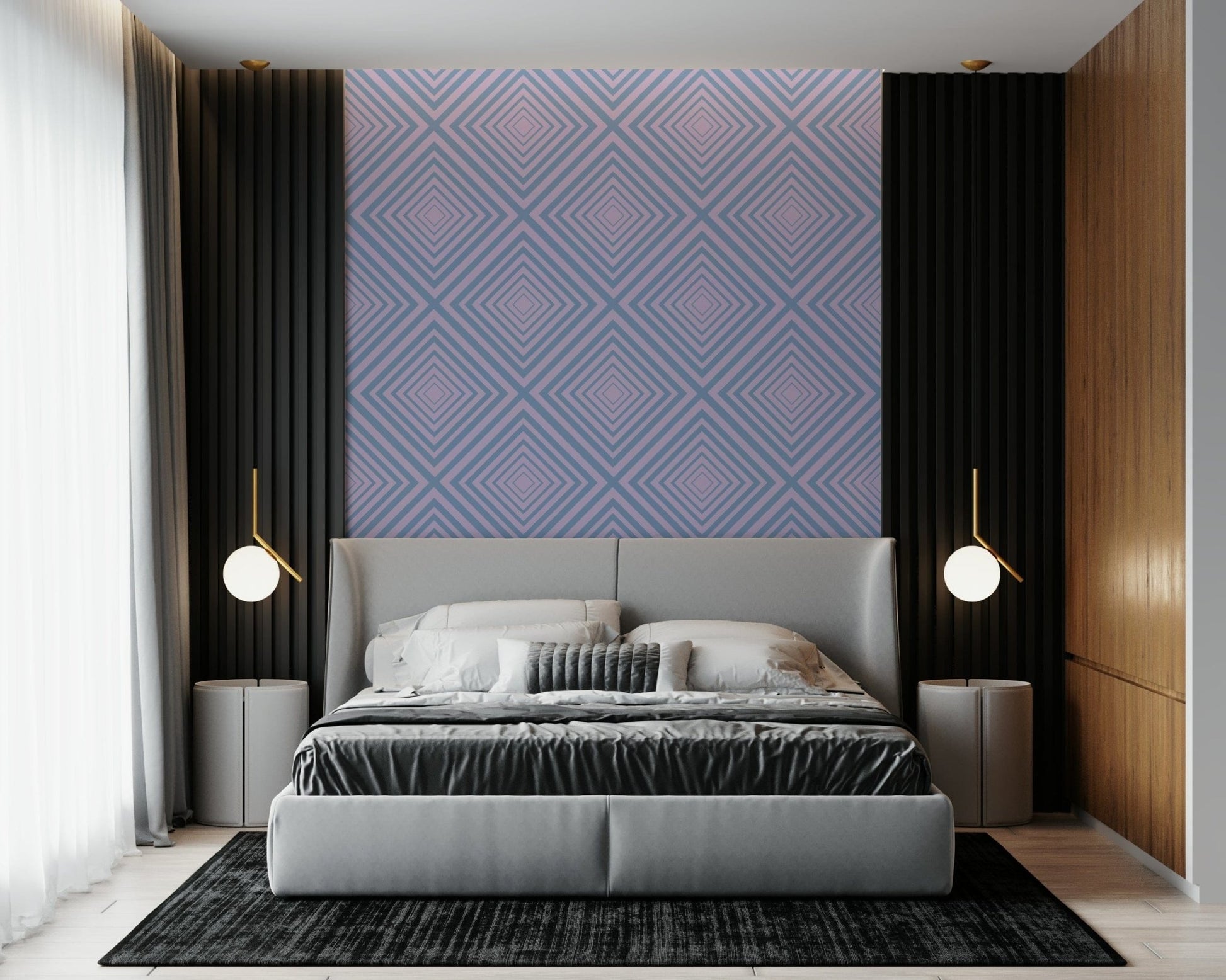 Symmetrical Rhythm bold statement wallpaper with angular shapes.