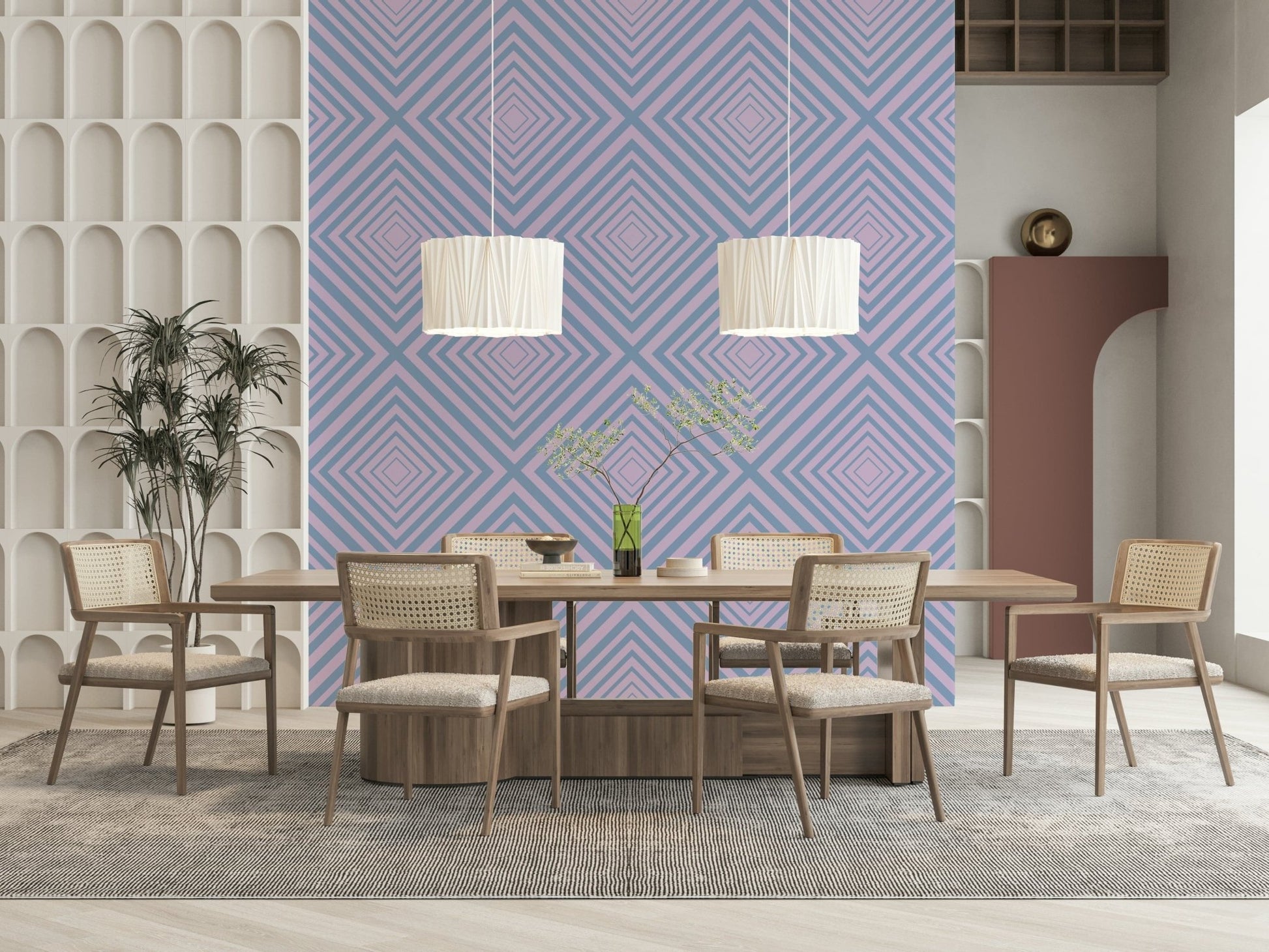 Linear Rhythm striking geometric wall mural, lavender and slate.
