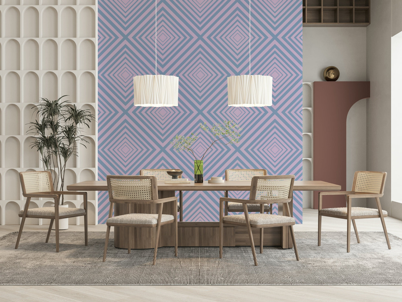 Linear Rhythm striking geometric wall mural, lavender and slate.