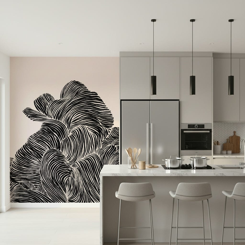 Kitchen island setting finished with Linear wall mural in flowing black contours