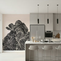 Kitchen island setting finished with Linear wall mural in flowing black contours