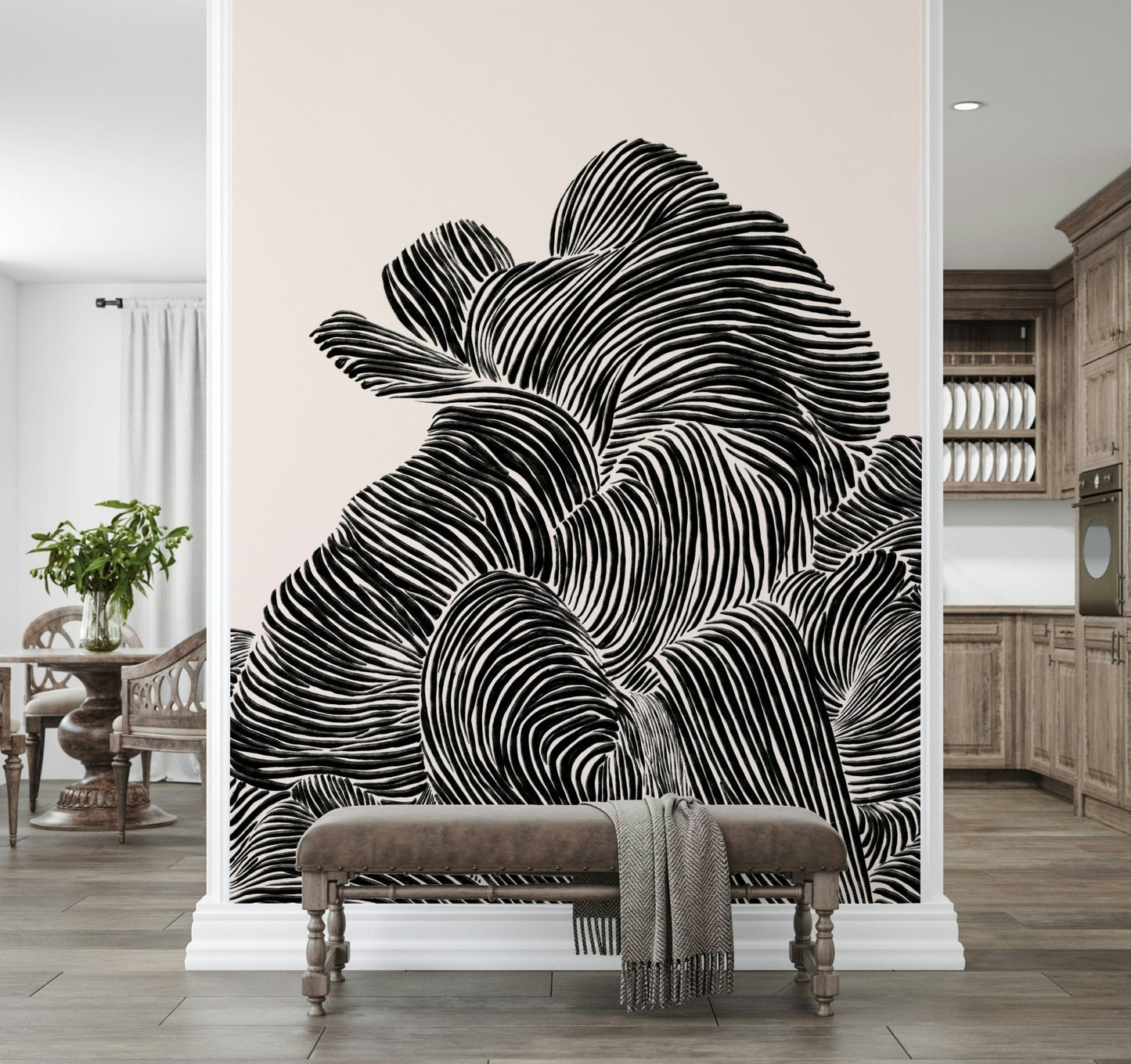 Bench seating area styled with Linear wall mural in bold monochrome linework