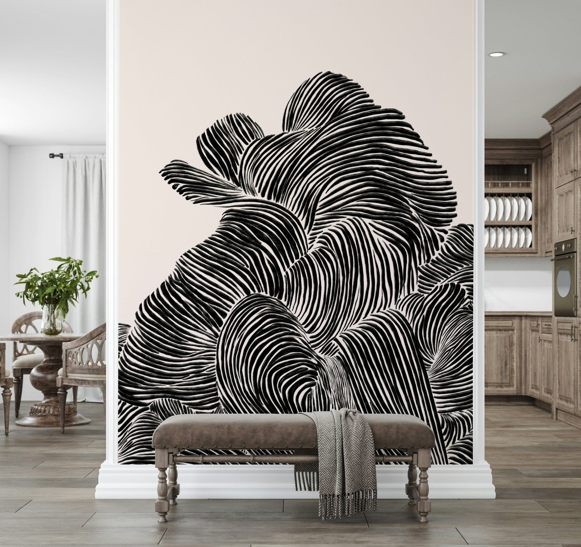 Bench seating area styled with Linear wall mural in bold monochrome linework