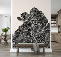 Bench seating area styled with Linear wall mural in bold monochrome linework