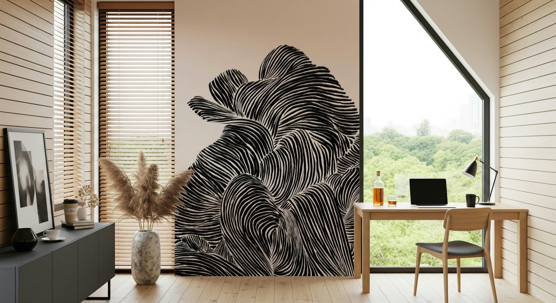 Styled sitting area lifted by Linear wall mural with dense monochrome movement