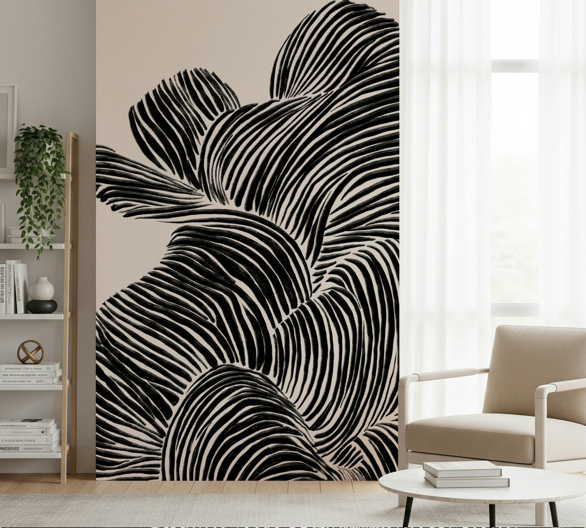 Compact lounge corner framed by Linear wall mural in matte black curved forms