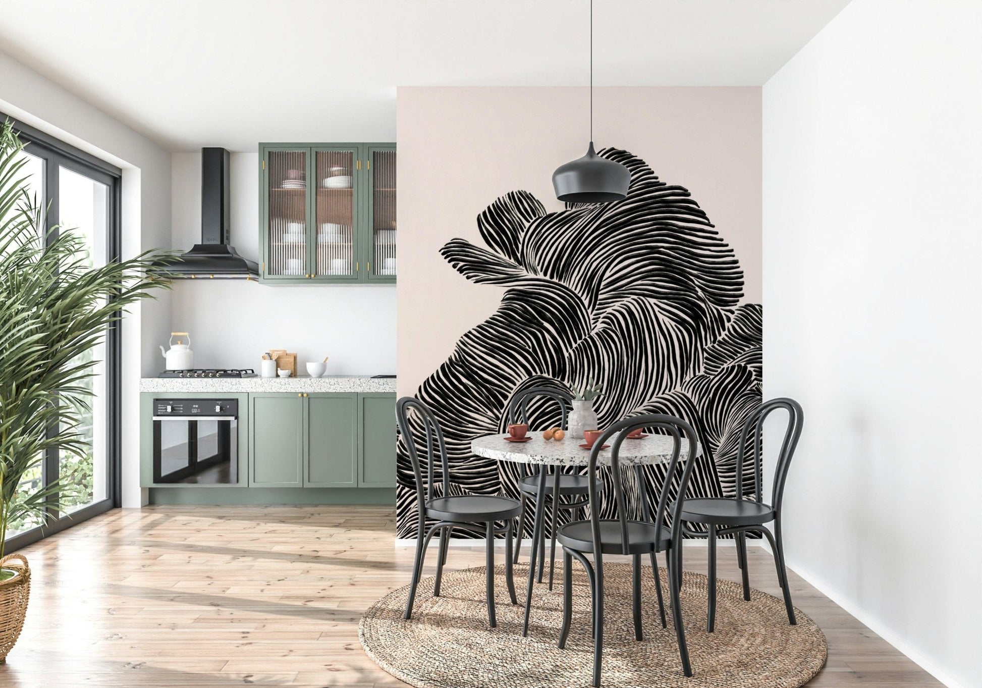 Open dining space featuring Linear wall mural as a strong monochrome focal point