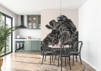 Open dining space featuring Linear wall mural as a strong monochrome focal point