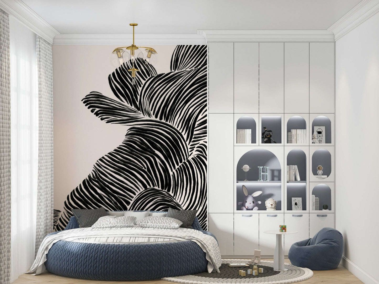 Modern bedroom featuring Linear wall mural behind the bed in bold black lines
