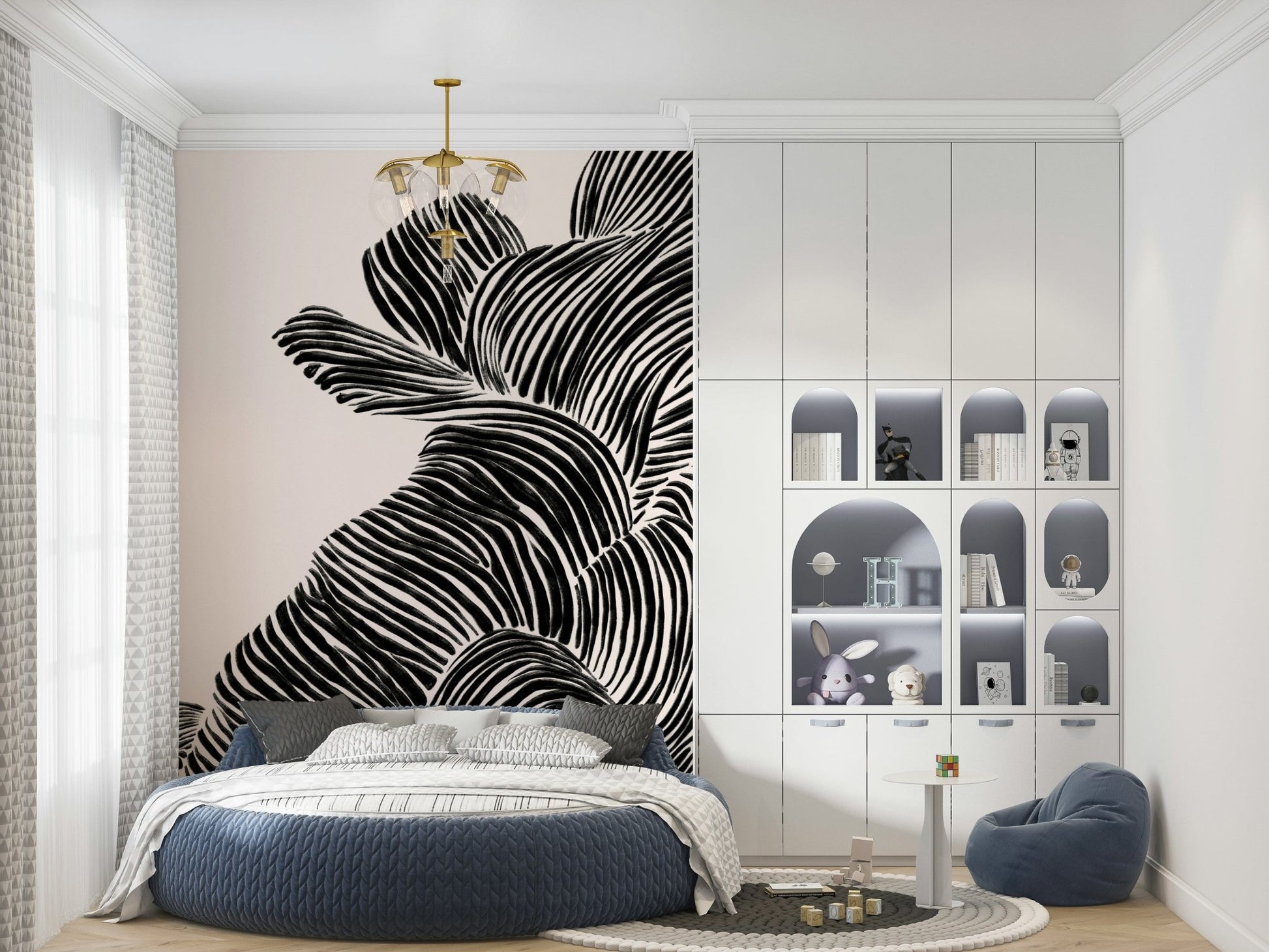 Modern bedroom featuring Linear wall mural behind the bed in bold black lines