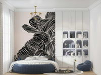 Modern bedroom featuring Linear wall mural behind the bed in bold black lines