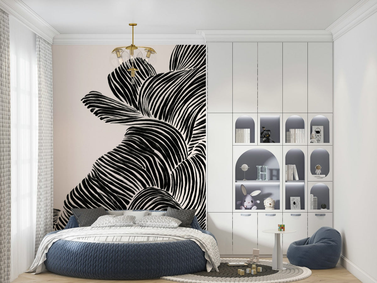 Modern bedroom featuring Linear wall mural behind the bed in bold black lines, GD7926