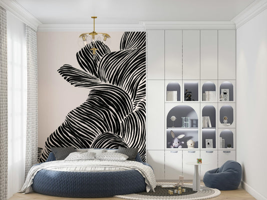 Modern bedroom featuring Linear wall mural behind the bed in bold black lines