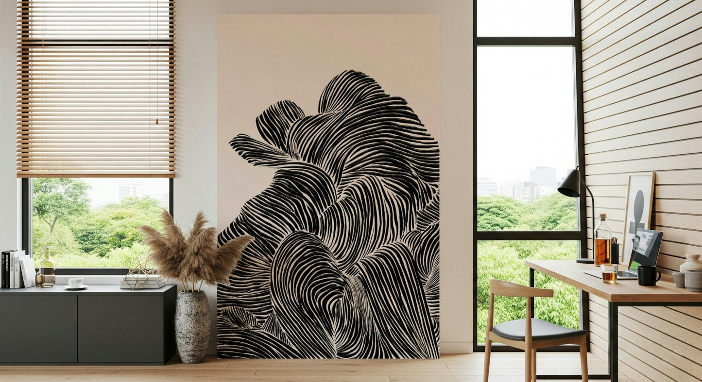 Window-side nook styled with Linear wall mural and sculptural line texture