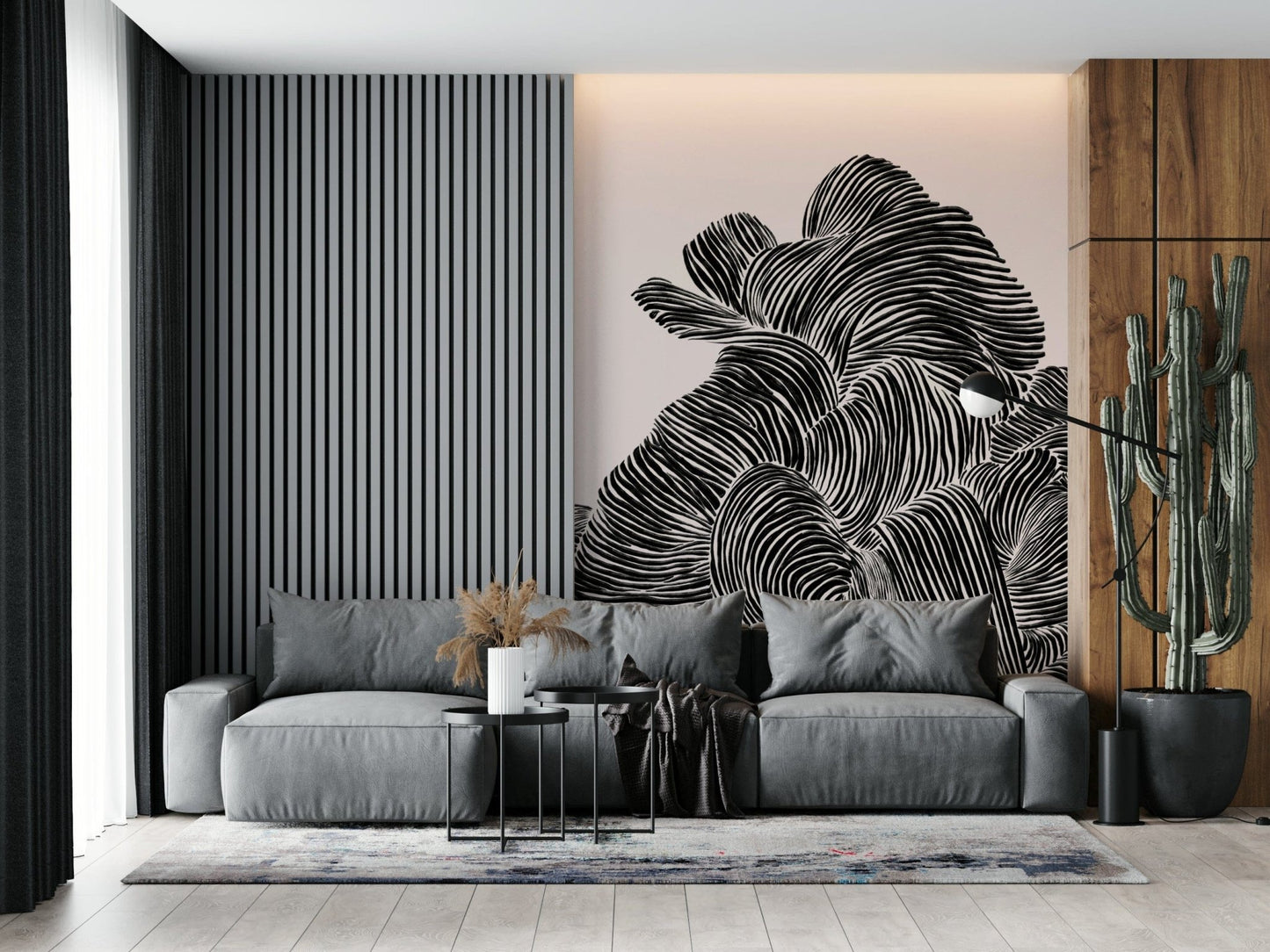 Moody bedroom paired with Linear wall mural and deep flowing line detail