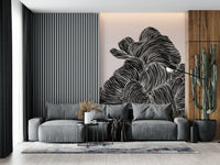 Moody bedroom paired with Linear wall mural and deep flowing line detail